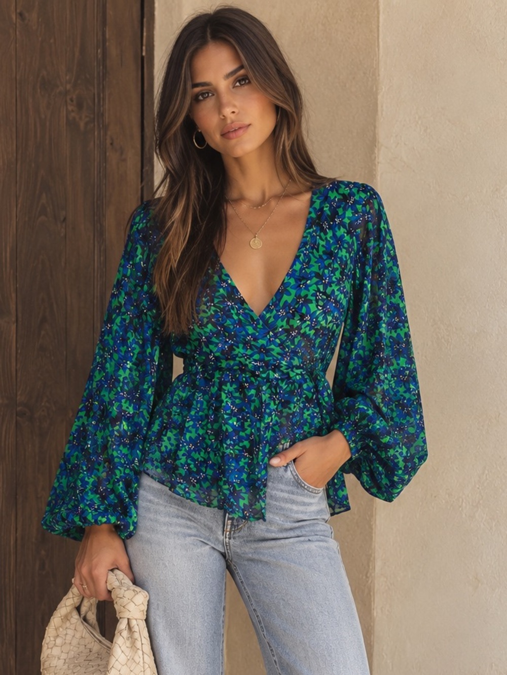 entro Floral Wrap Blouse in Green and Blue